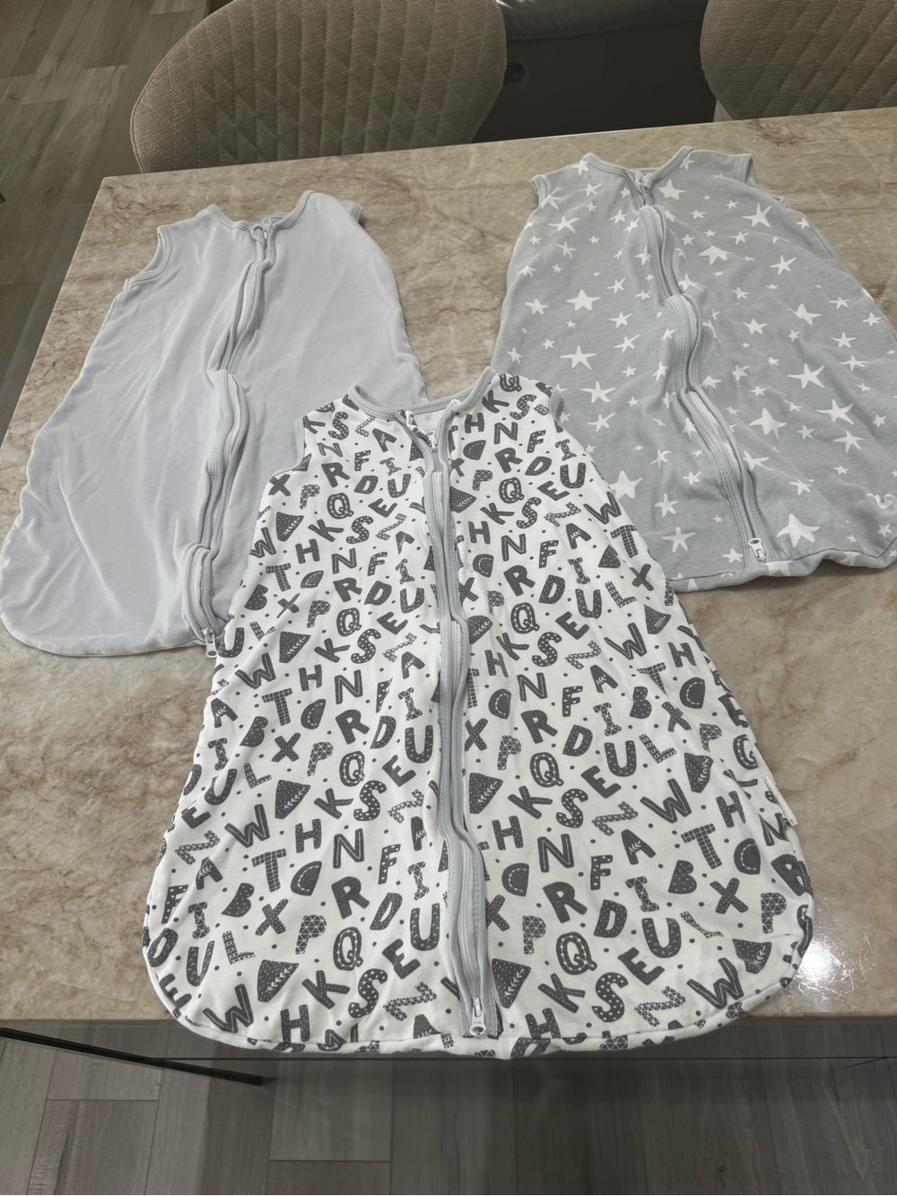 Set of 3 Neutral Baby Zipper Sleep Sacks - Alphabet & Star Prints